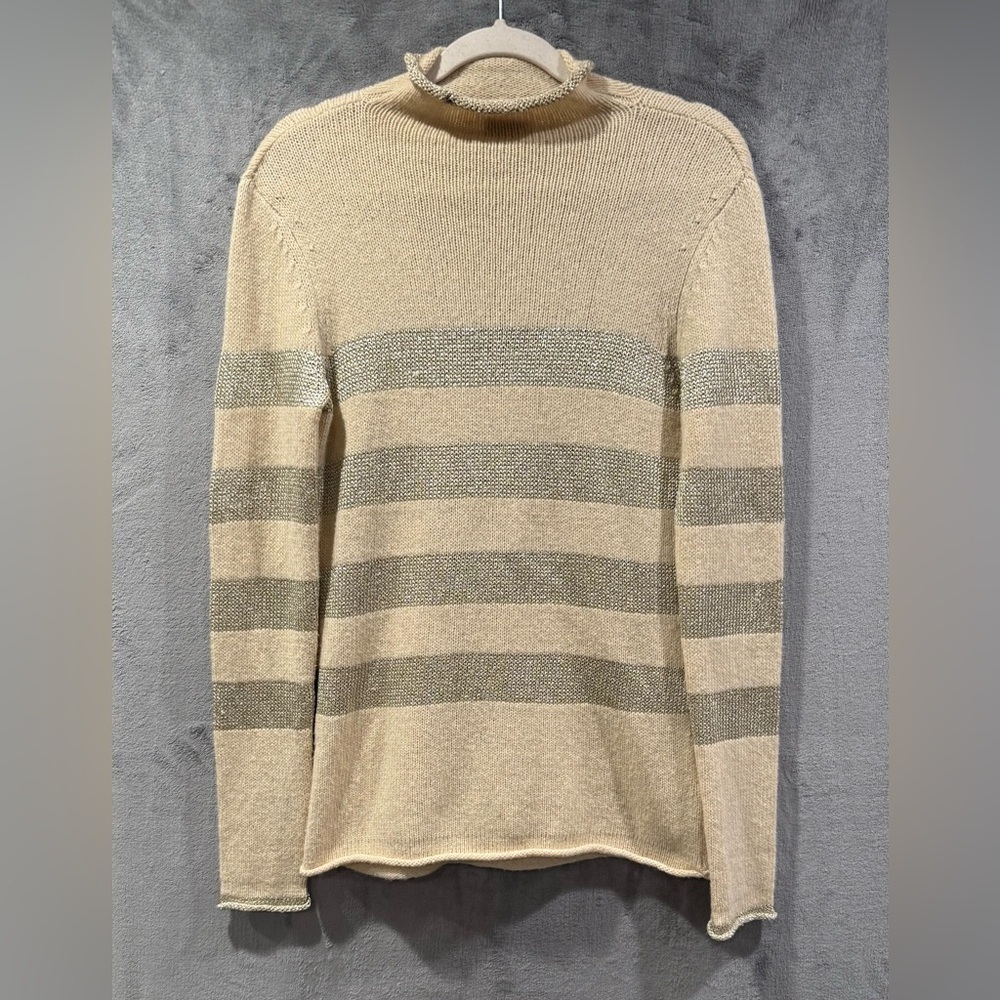 Tory Burch Beige Metallic Striped Long Sleeve  Wool Camel Blend Sweater‎ Size M
